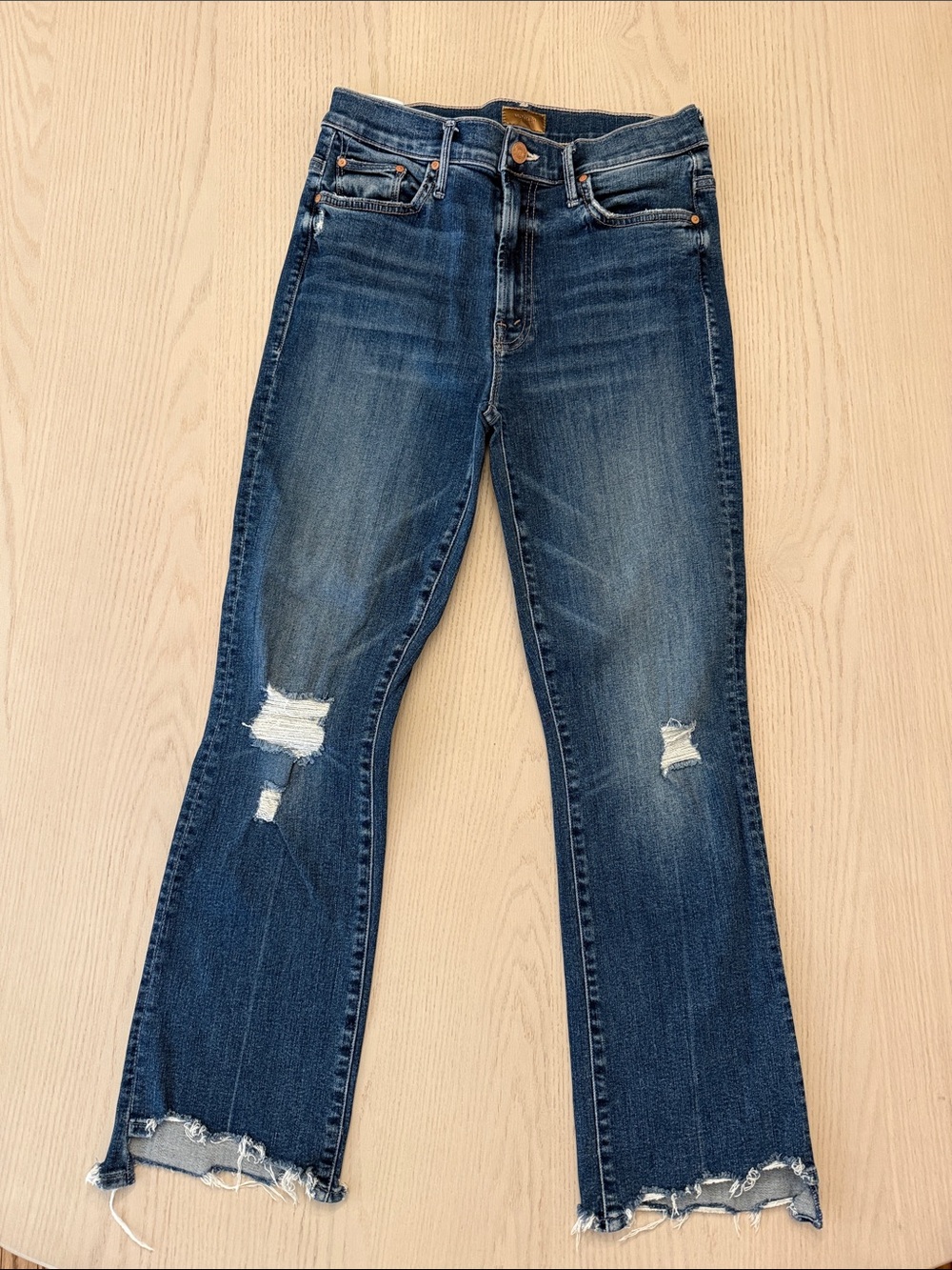 MOTHER Dark Blue Distressed Ankle Flare Crop Jeans